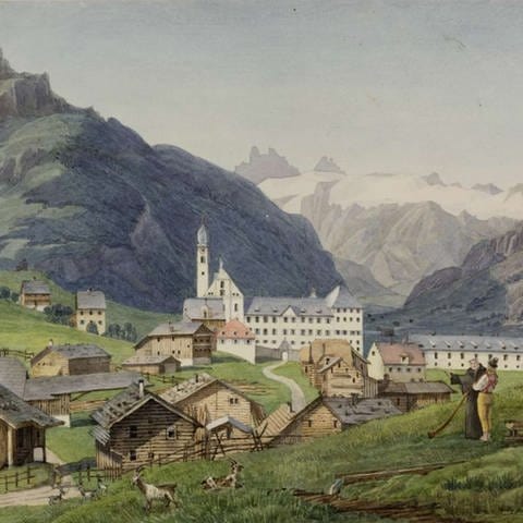 Engelberg (mit Kloster) - Aquarell von Felix Mendelssohn (1831?)