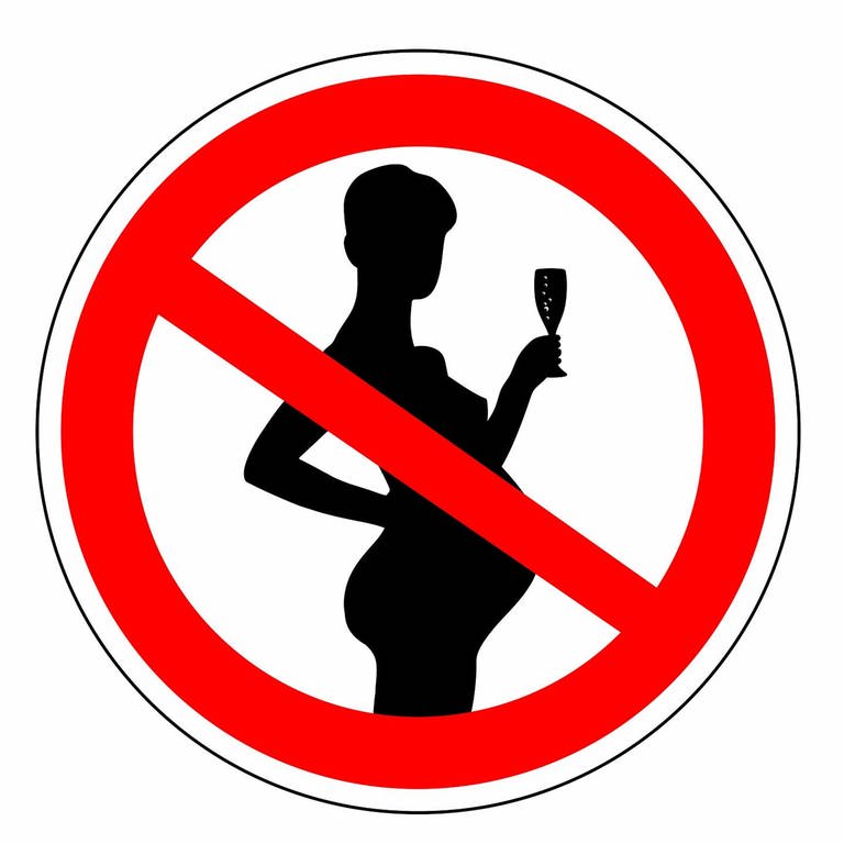 Schild "Alkohol in der Schwangerschaft verboten": Schwangere sollten keinen Alkohol trinken, denn man weiß: Je mehr starker Alkohol in der Schwangerschaft getrunken wird, desto eher ist eine Schädigung des Kindes zu erwarten. Das Fetale Alkoholsyndrom (FAS) ist eine schwere Schädigung des Kindes.